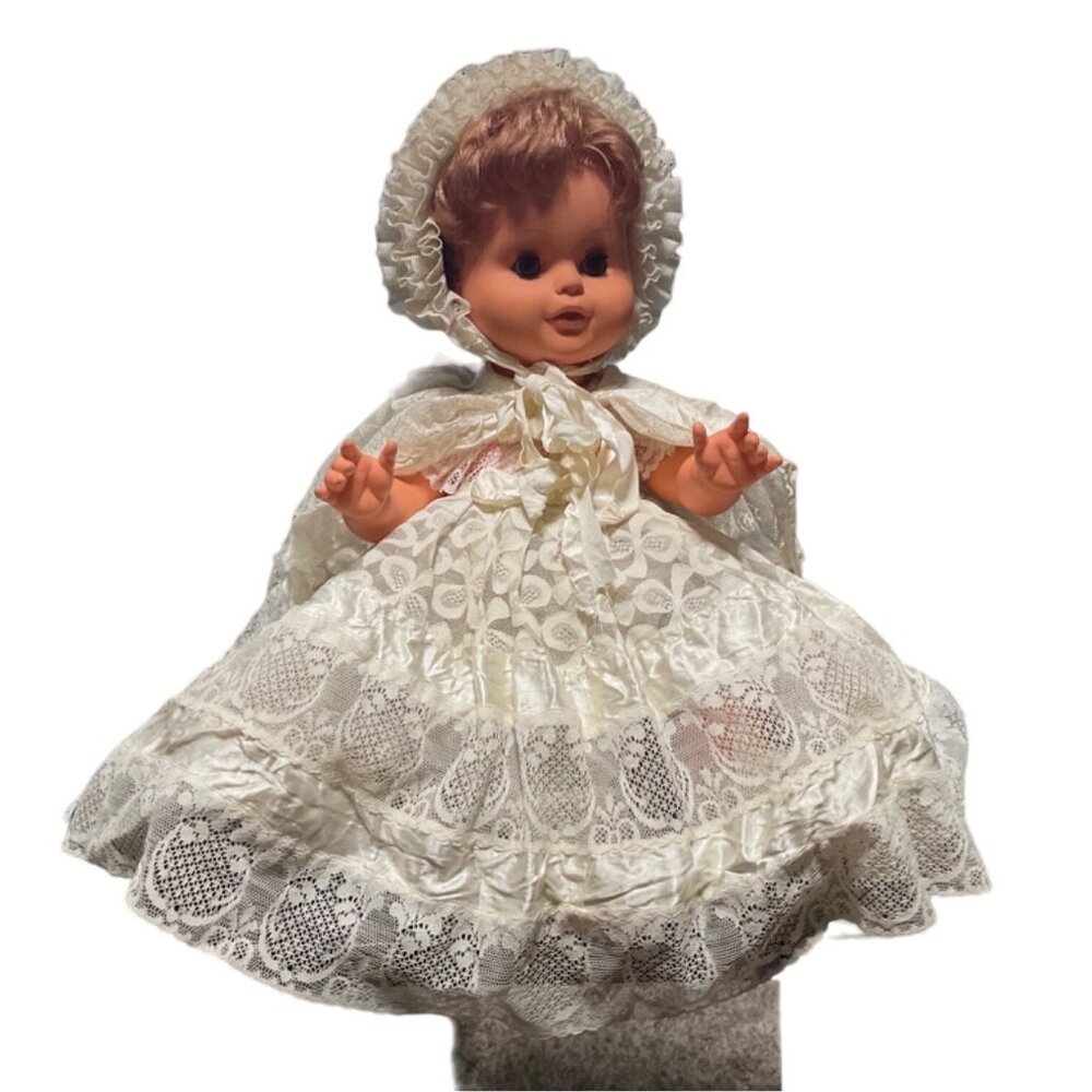 Vintage Baby Doll In White Lace Christening Gown & Bonnet